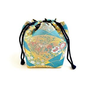 Japanese Brocade Kinchaku Drawstring Pouch Floral Gold Teal (NWOT)
